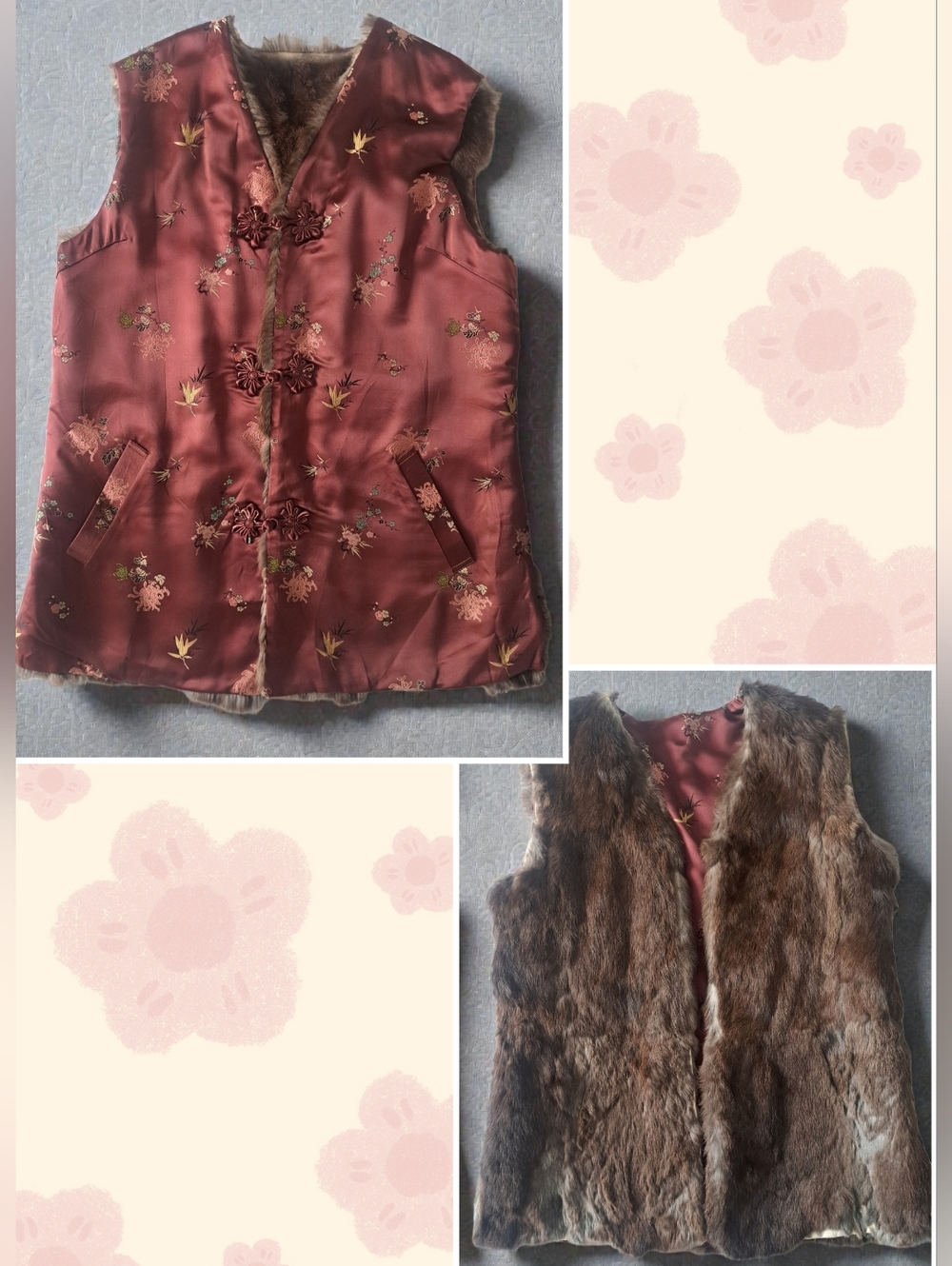 Vintage Chinese Deep Burgundy Reversible Floral Rabbit Fur Vest
